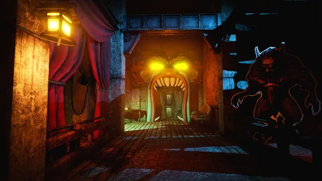 Inside a dark ride: a corridor ends in a huge monster face with glowing eyes and an open mouth, a horned devil figure to the side