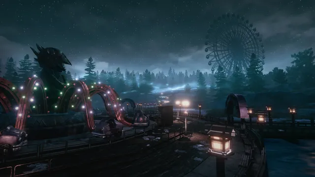 The amusement park at night: an octopus ride with coloured bulbs, lamp-lit paths and a Ferris wheel above the trees