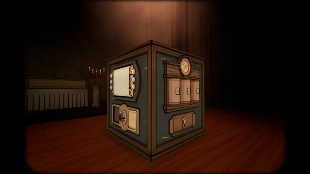 The Past Within: an ornate wooden puzzle box with brass panels in a dim room lit by candles