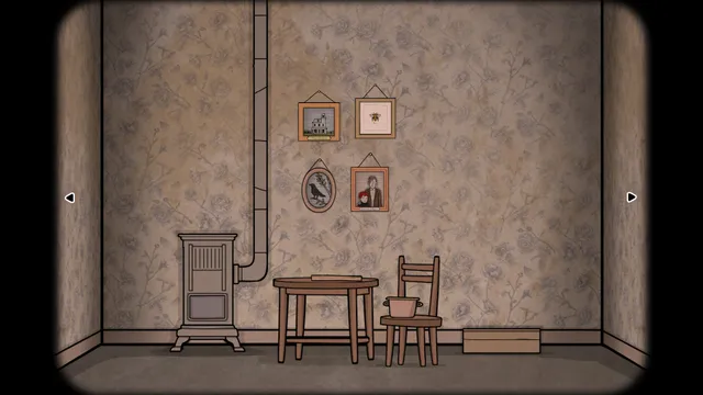 The Past Within: a hand-drawn room with flowered wallpaper, an old stove, a table and chair and framed pictures on the wall