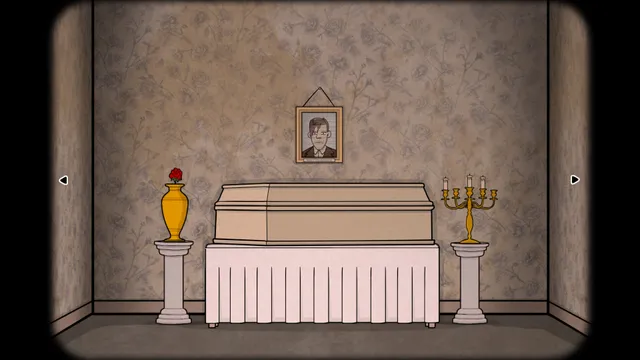 The Past Within: a coffin draped in white between a flower urn and a candelabra, under a portrait of a man