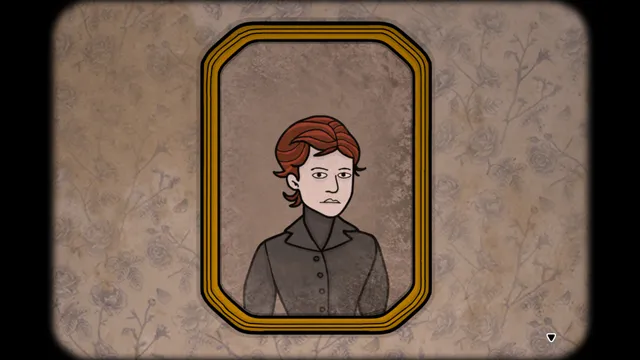 The Past Within: a gold-framed portrait of a stern woman with red hair on flowered wallpaper