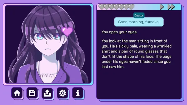 The Perfect Woman screenshot: Yumeko's portrait on the left with a pixel heart, the Doctor saying good morning, Yumeko, and a row of grey hearts above the text