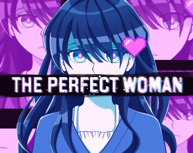 The Perfect Woman cover: Yumeko, dark-haired in a blue top, in front of repeated pink close-ups of her face and the glitching title
