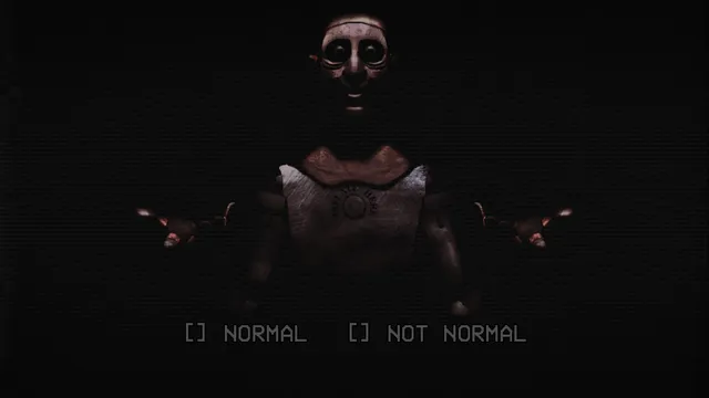 THE PROTOTYPE screenshot: a pale jointed puppet with a fixed smile sits in the dark with hands held out, above the choices Normal and Not Normal