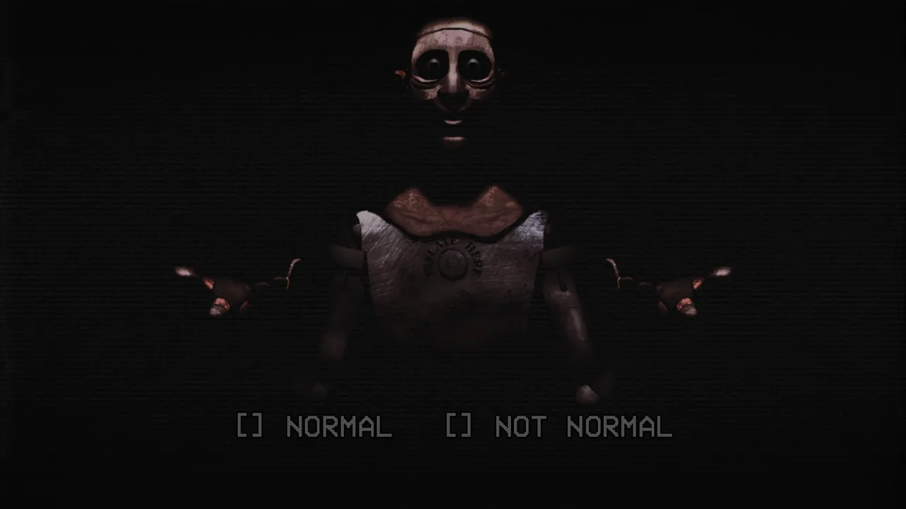 THE PROTOTYPE screenshot: a pale jointed puppet with a fixed smile sits in the dark with hands held out, above the choices Normal and Not Normal