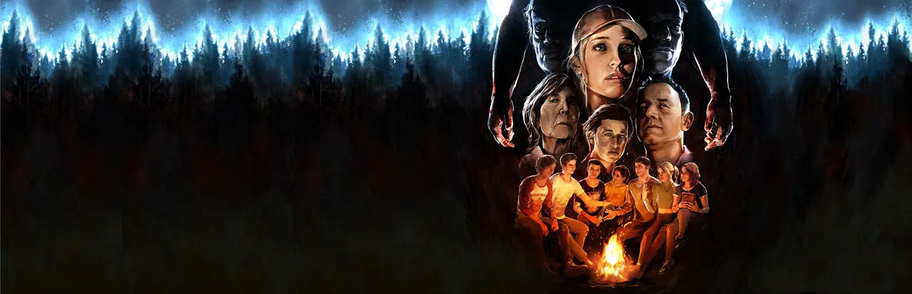 The Quarry key art: the cast of camp counselors gathered around a campfire, a hulking clawed shape looming over them above a dark forest