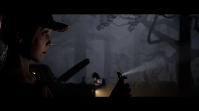 The Quarry screenshot: a counselor in a cap watches as another shines a flashlight in the misty woods