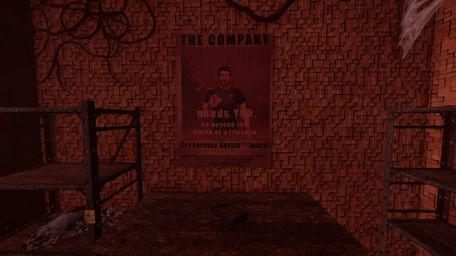 The Radio Tower screenshot: a red-lit storeroom with metal shelves and a poster for The Company's Forever Serum