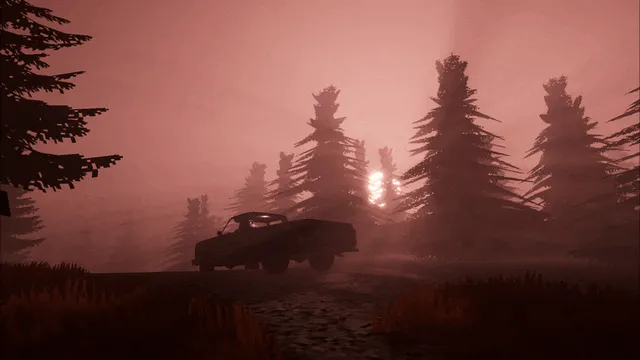 The Radio Tower: an old pickup truck parked in a foggy red forest