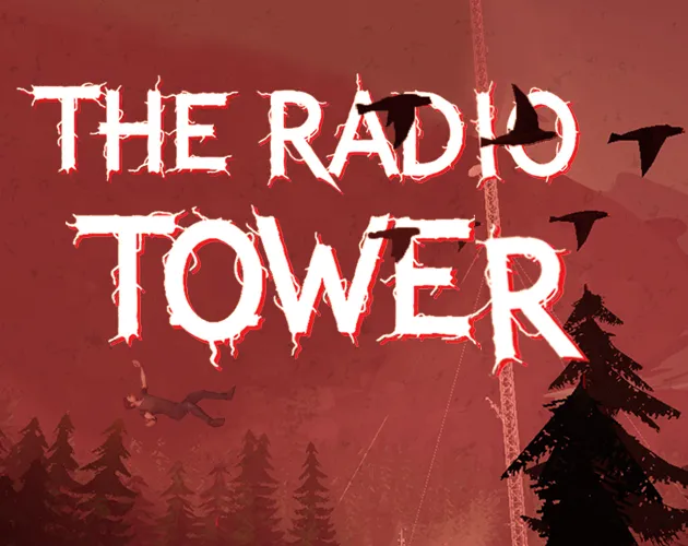The Radio Tower cover: the title in white over a red forest, with birds and a tiny figure falling from the tower