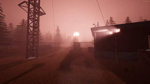 The Radio Tower screenshot: the base of the tower and a lit building in a fenced compound in red fog