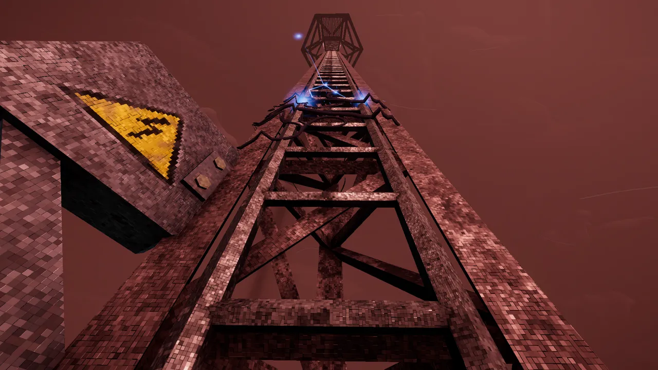 The Radio Tower screenshot: looking up the steel ladder of the radio mast past a high-voltage sign into a red sky