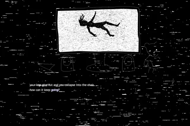 A drawn computer screen full of static with a figure falling through it, a teddy bear beside the desk, and crossed-out words below