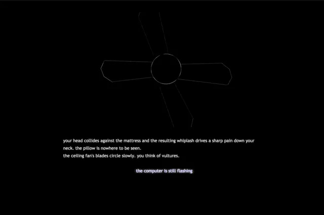 A white line drawing of a ceiling fan on black, with text about your head hitting the mattress