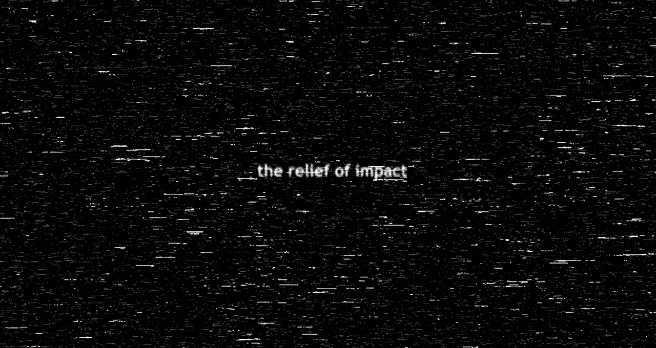 Cover: the words the relief of impact glowing through black-and-white static