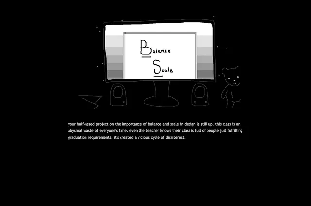 A drawn desk with a computer showing a school project on balance and scale, and a teddy bear, in black and white