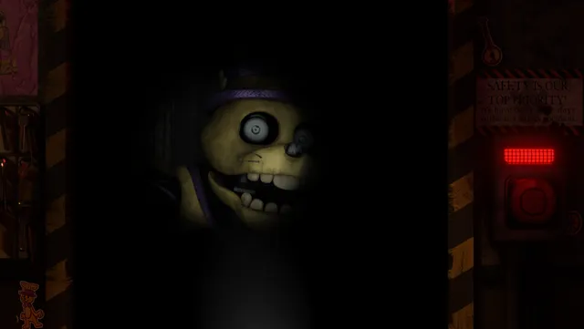 The Return to Bloody Nights screenshot: a yellow bear animatronic's face lit in a dark doorway beside a glowing red door button
