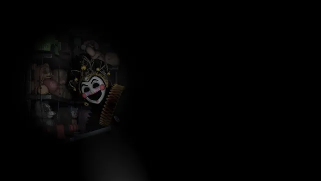 The Return to Bloody Nights screenshot: a flashlight finds a grinning jester puppet among shelves of parts in the dark
