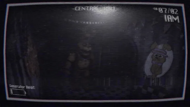 The Return to Bloody Nights screenshot: the Central Hall camera at 1 AM with a shadowy animatronic and a Spring Bonnie poster, and the generator heat gauge