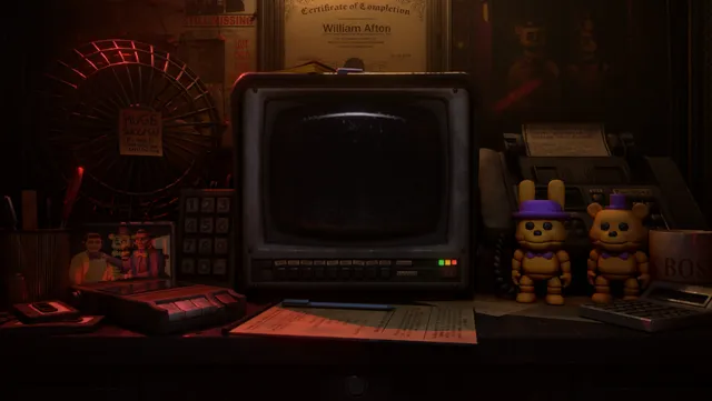 The Return to Bloody Nights screenshot: the security office desk with an old monitor, two mascot plushies, a phone and a certificate in William Afton's name