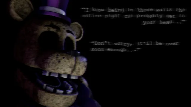 A grinning golden bear with a top hat beside faded text about being in those walls all night