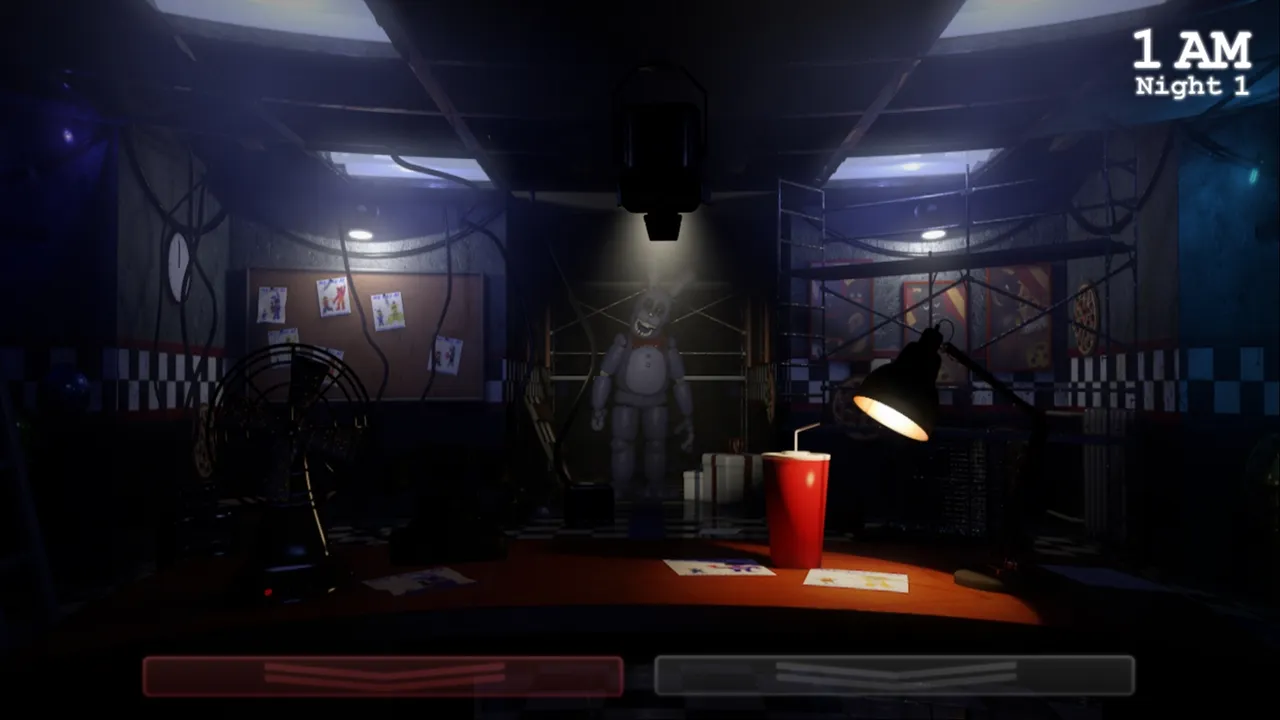 The night guard's office with a fan, a lamp and a red drink on the desk, while a rabbit animatronic stands under the spotlight in the hall