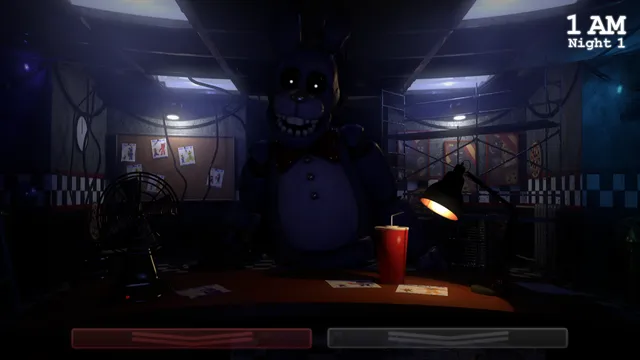 A blue rabbit animatronic looming in the dim office at 1 AM, night 1