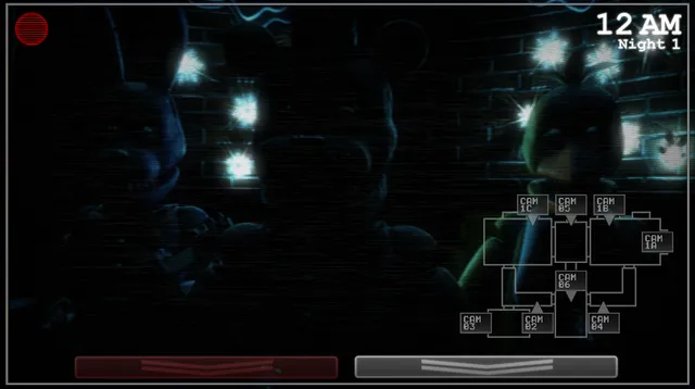 A camera view of a dark room with glinting eyes, beside the camera map of the building