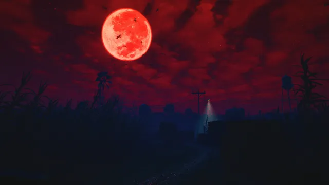 The Scarlet Harvest: a huge blood-red moon over dark cornfields and a water tower at night