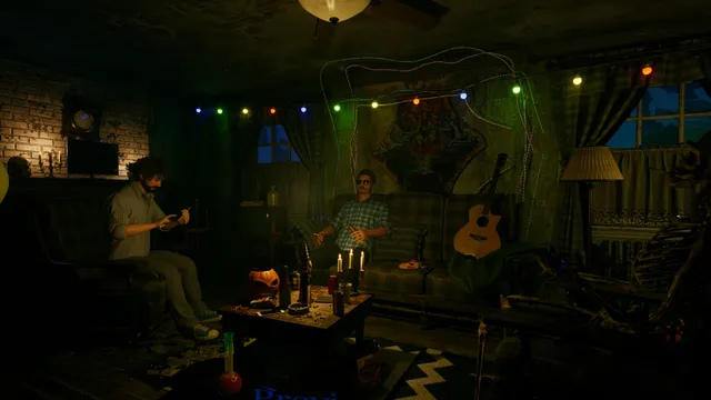 The Scarlet Harvest: two friends sit on a couch in a dim living room with party lights, candles and drinks