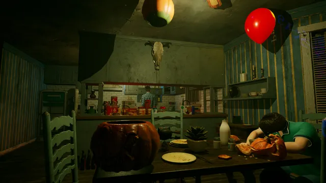 The Scarlet Harvest: a farmhouse kitchen with a carved pumpkin on the table, a red balloon and a cow skull on the wall