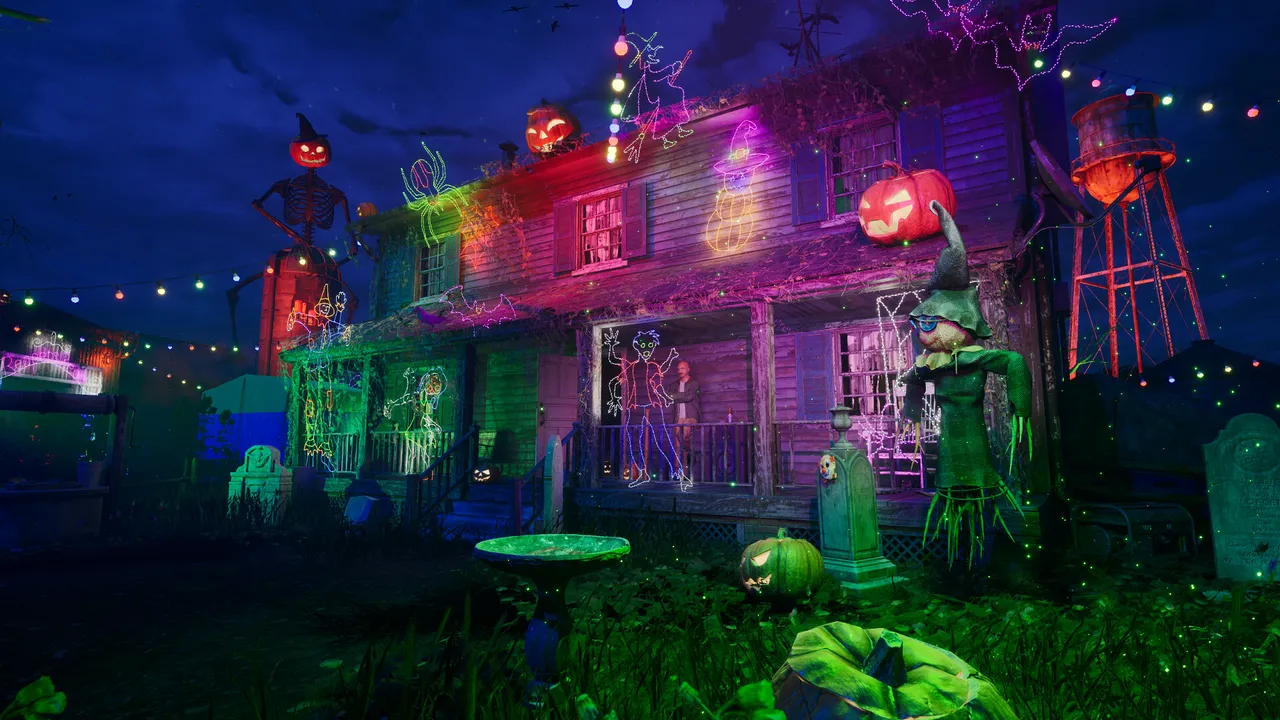The Scarlet Harvest: a farmhouse at night decorated for Halloween with jack-o'-lanterns, a scarecrow, tombstones and coloured string lights