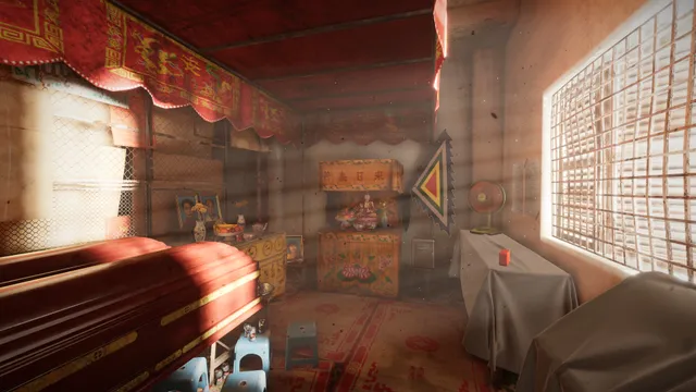 The Scourge: a sunlit 1990s Saigon living room with a red coffin, an altar and paper decorations