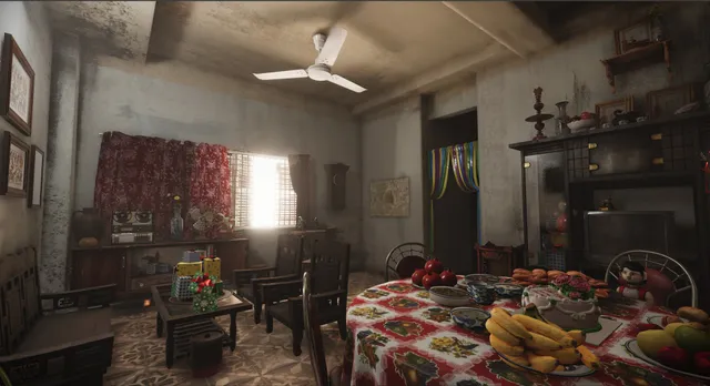 The Scourge: a cluttered family living room of the 1990s with fruit on the table and a ceiling fan