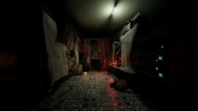 The Scourge: a dim tiled corridor with a flickering strip light and red stains on the walls