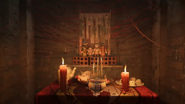 The Scourge: a red altar with candles, incense and figurines under a web of red thread