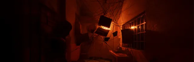 The Scourge key art: a dark corridor lit red, with old television sets hanging on red threads