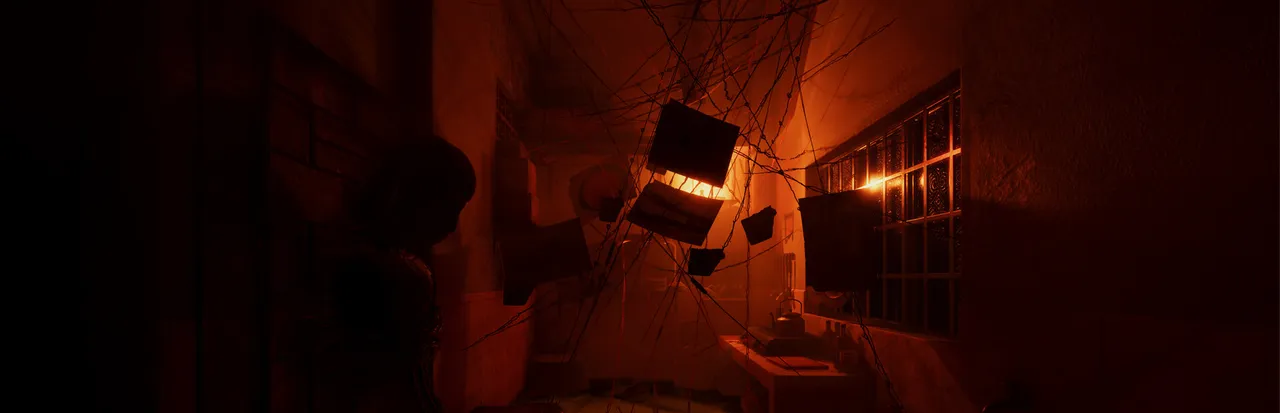 The Scourge key art: a dark corridor lit red, with old television sets hanging on red threads
