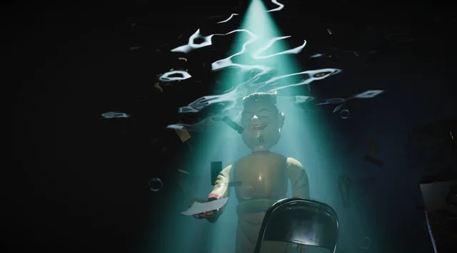 The Scourge: a figure in a pale mask holding a card, lit by a beam of light under water