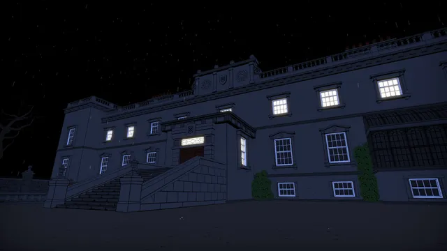 The Séance of Blake Manor: the front of the large stone manor at night in the rain, a few windows lit