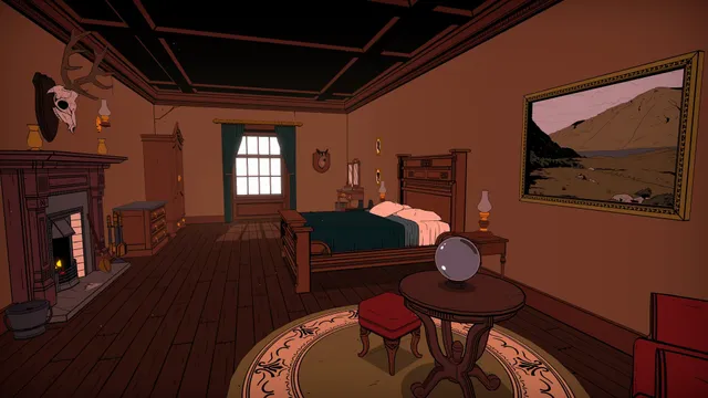The Séance of Blake Manor: a guest bedroom with a fire in the grate, an animal skull on the wall and a crystal ball on a small table