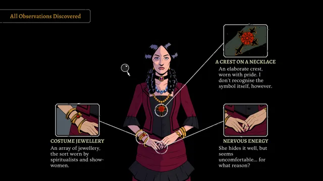 The Séance of Blake Manor: a woman in a red dress examined closely, with notes on her crest necklace, costume jewellery and nervous hands