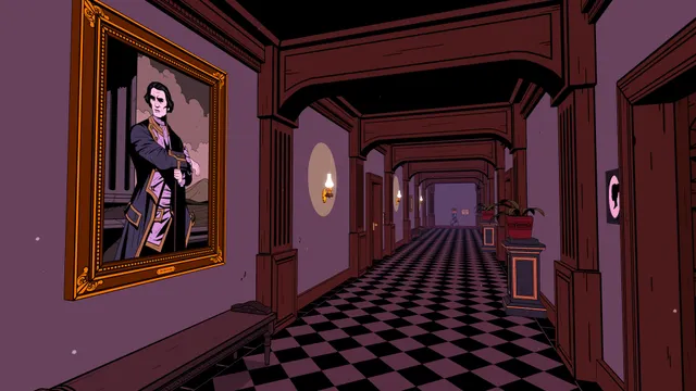 The Séance of Blake Manor: a long hotel corridor with a checkered floor, oil lamps and a portrait of a stern man in a gold frame