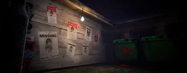 The Shopping List screenshot: missing-person posters pinned to a wooden wall under a bare bulb