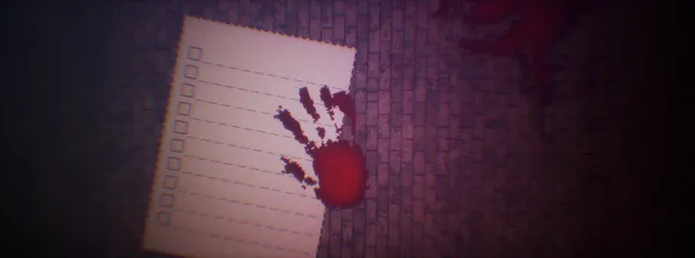 The Shopping List art: the shopping list with a bloody handprint against a purple brick wall