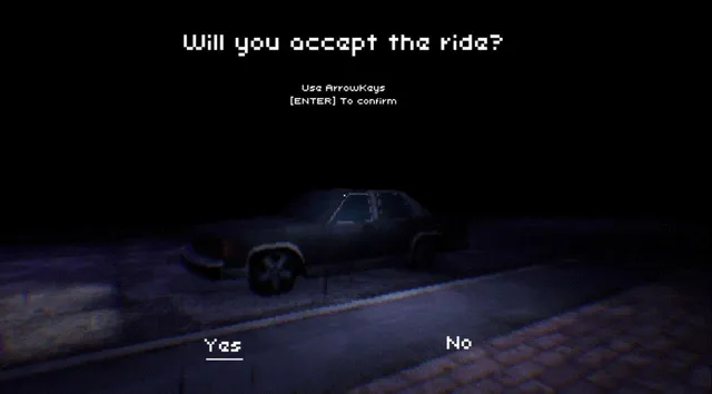 The Shopping List screenshot: a dark street at night with a car and the question Will you accept the ride?
