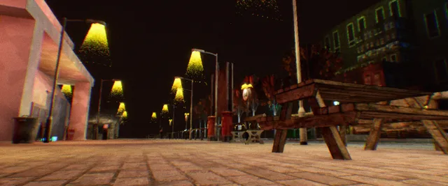 The Shopping List screenshot: a town square at night under yellow street lamps, with picnic benches and dark buildings