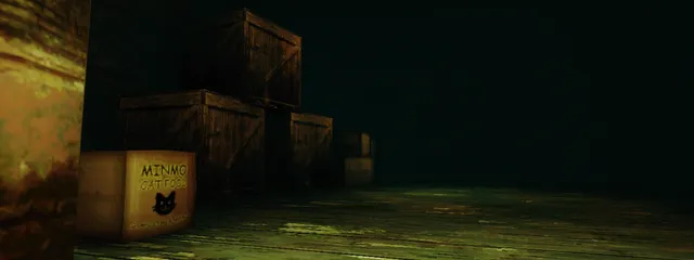 The Shopping List screenshot: a dark storeroom of wooden crates and a box of cat food