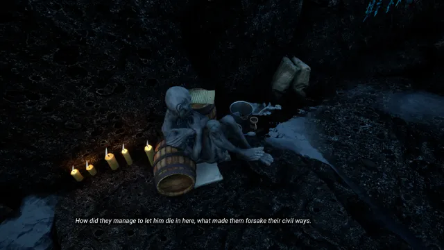 The Shore screenshot: a withered corpse sits against a barrel by a row of candles in a dark cave, with a subtitle asking how they let him die here